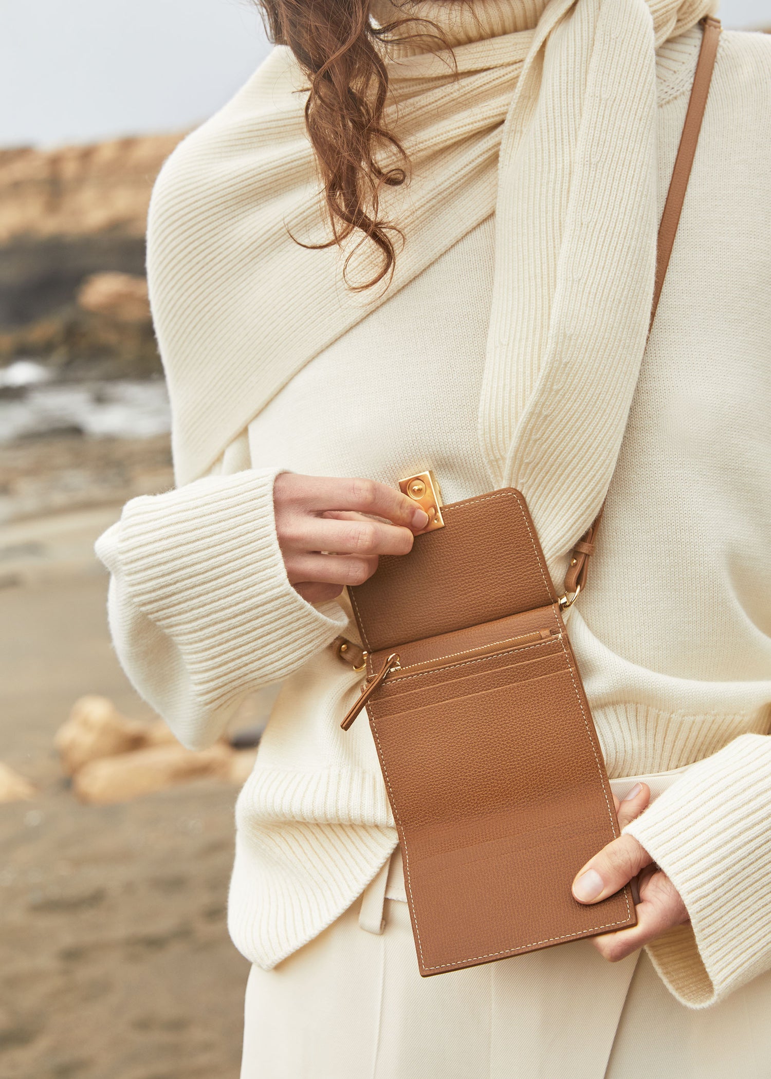 Portefeuille Numéro Sept Bandoulière - Camel Grainé